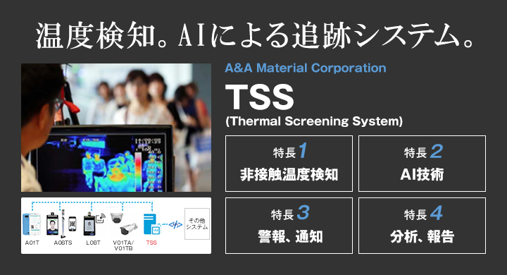 温度検知。AIによる追跡システム。 A&A Material Corporation TSS(Thermal Screening System) 特長1 非接触温度検知 特長2 AI技術 特長3 警報、通知 特長4 分析、報告
